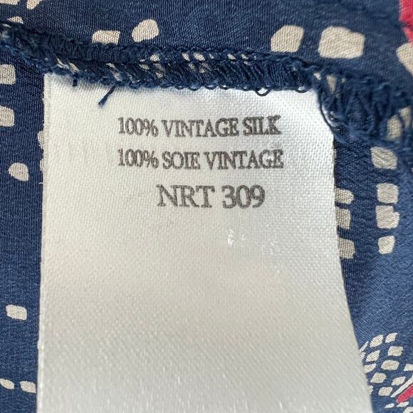 Winter Kale Blue Printed Vintage Silk Button-Up Long Sleeve Scoop Blouse Top S - Picture 8 of 9